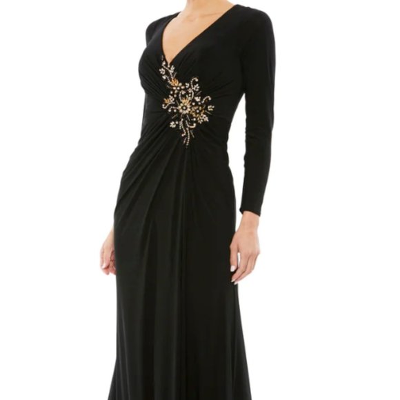 MAC DUGGAL 67848 FAUX WRAP LONG SLEEVE APPLIQUE DETAIL BLACK GOWN sz 10 - Picture 1 of 7